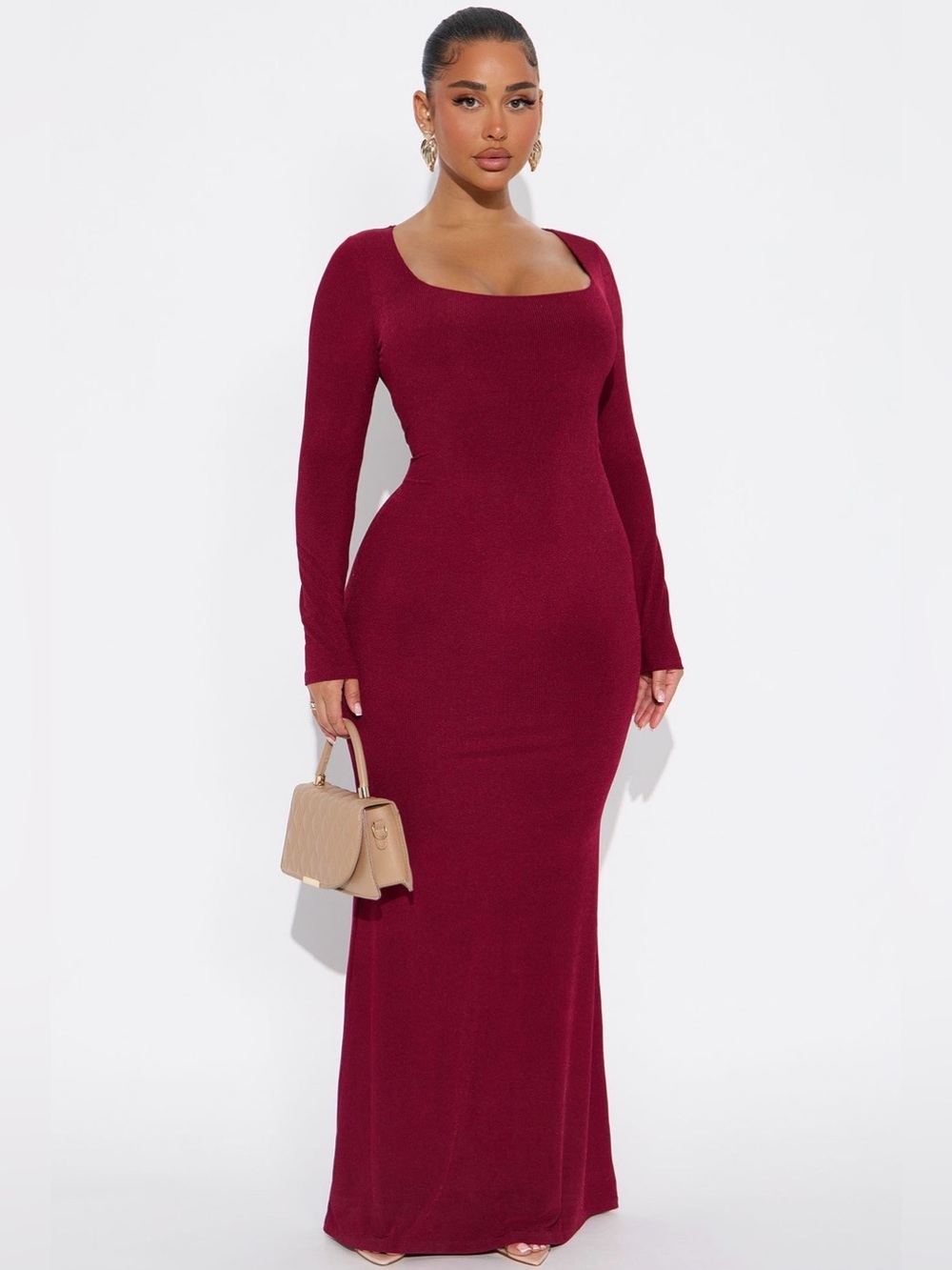 Long Sleeve Scoop Neck Ribbed Bodycon Dress - Wine